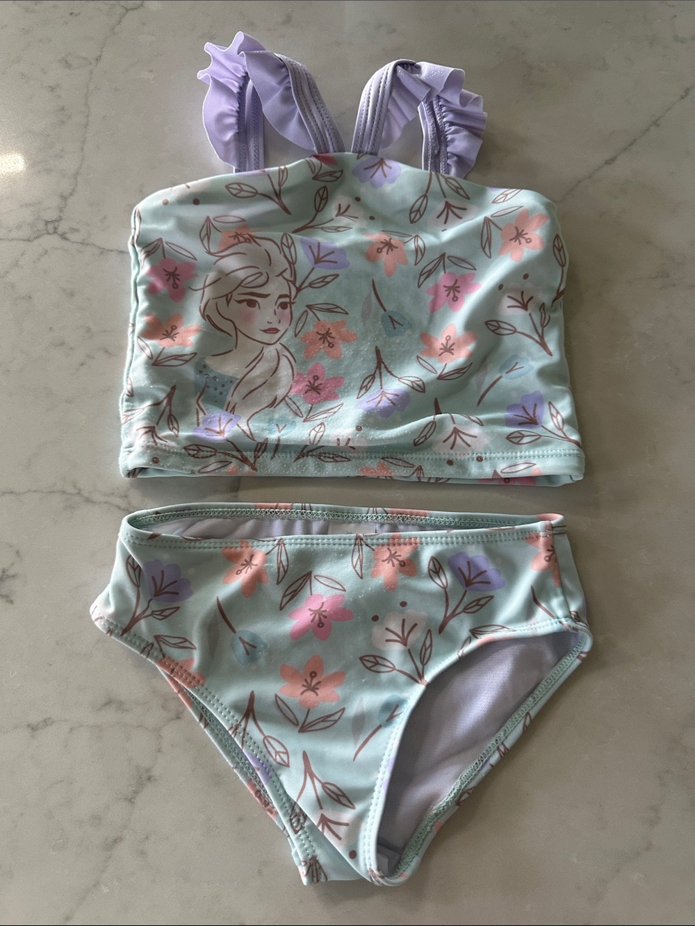 Disney Mint Floral Ruffle Strap Swim Bikini with Lavender Accents